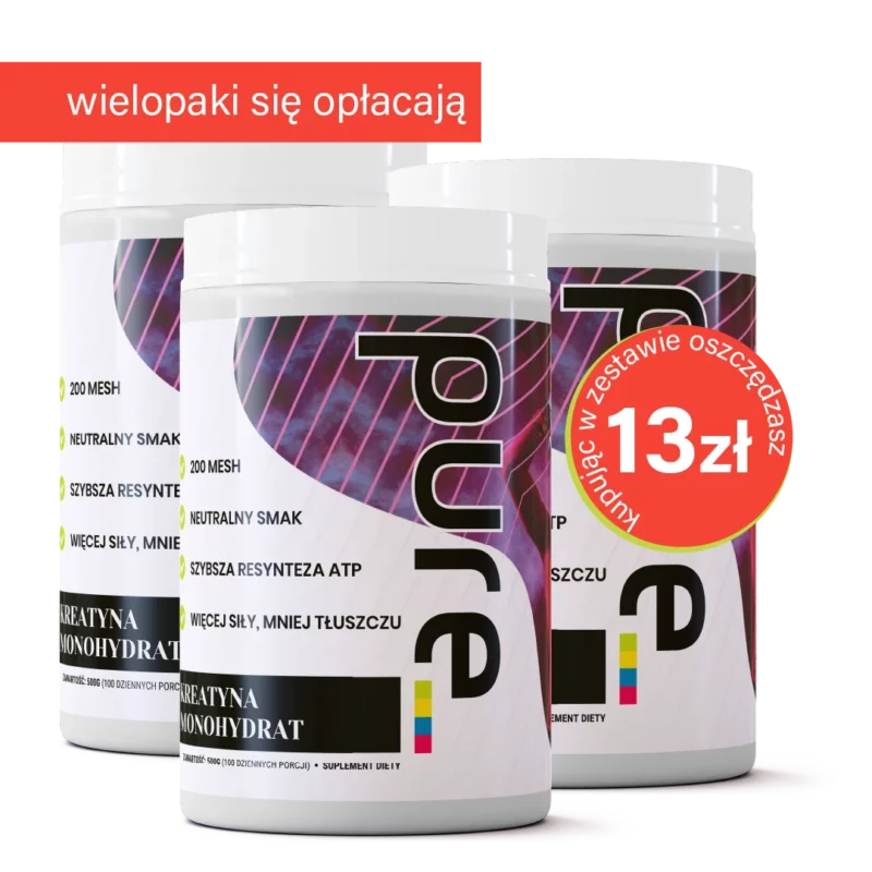 PURE KREATYNA monohydrat 500g 200mesh - 100 porcji | Zestaw 3 szt.