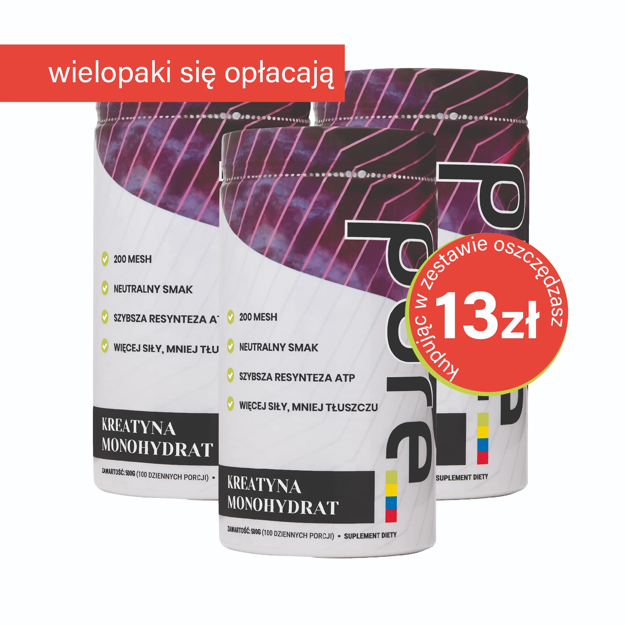PURE KREATYNA monohydrat 500g 200mesh - 100 porcji | Zestaw 3 szt.