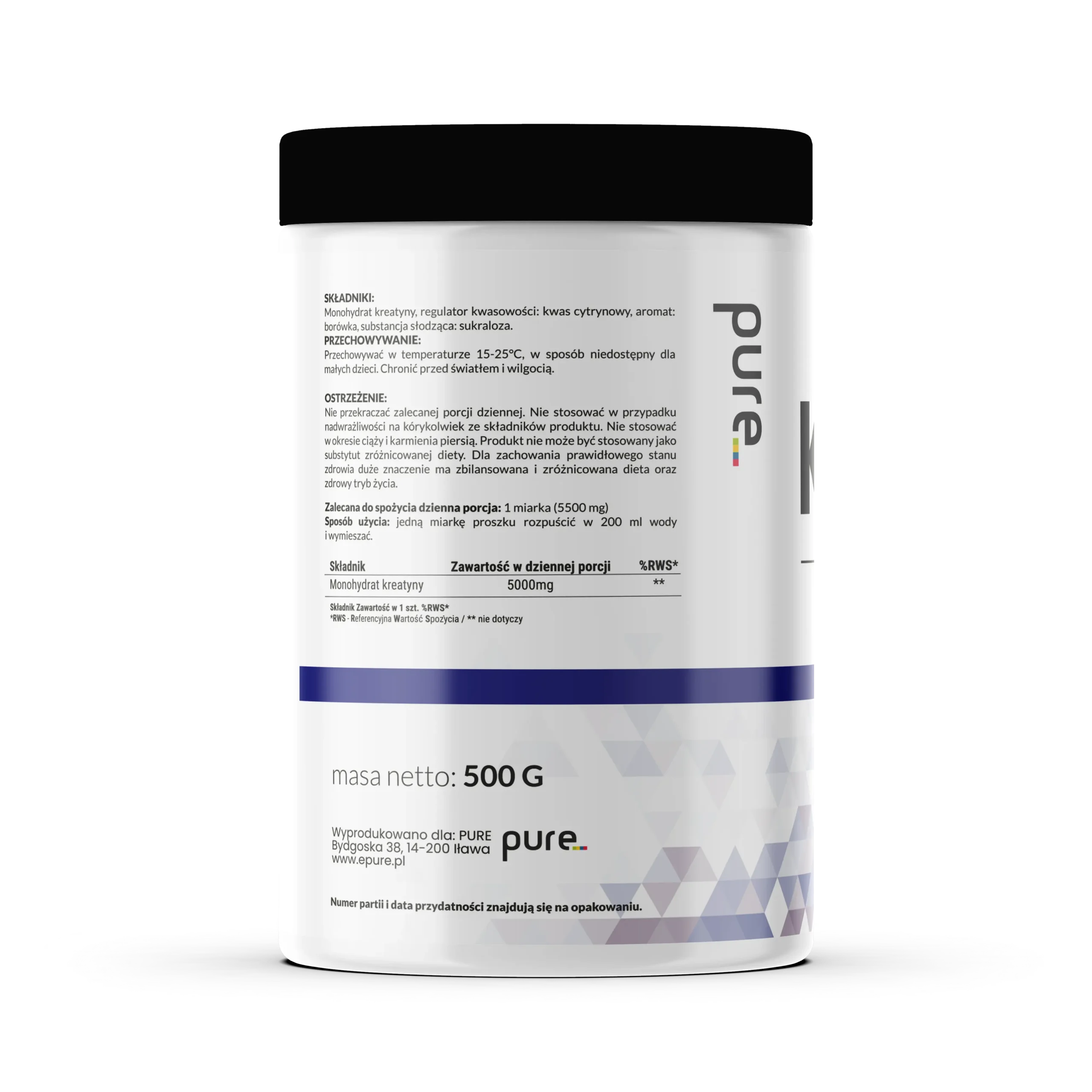 Kreatyna Monohydrat Smakowa PURE Borówka 500g 200mesh