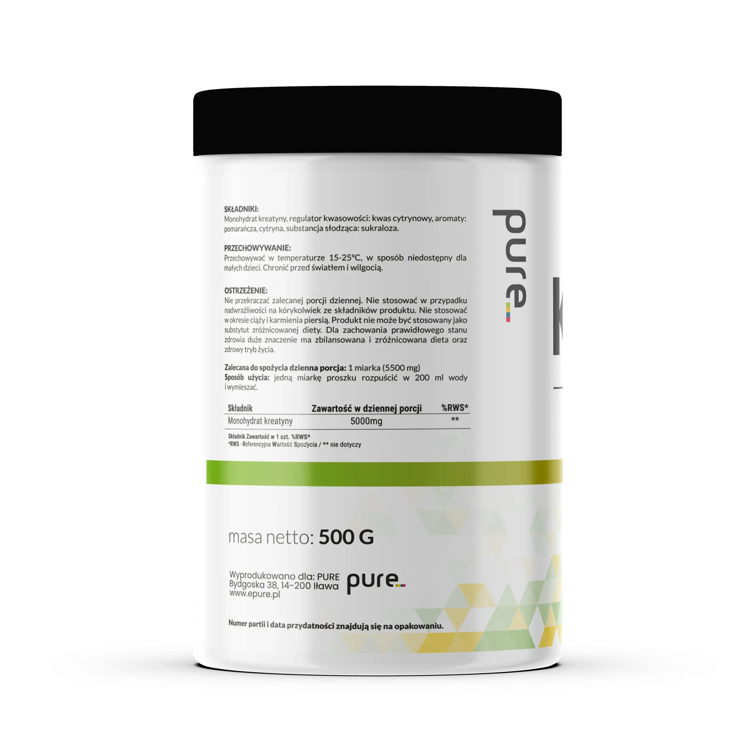 Kreatyna Monohydrat Smakowa PURE Pomarańcza - Cytryna 500g 200mesh